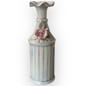 Vintage Bud Vase - Grandmillennial Coquette W/ Pink Flower + Ruffled Rim